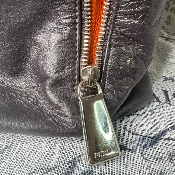 FURLA Shoulder Bag  Brown & Orange Leather  Side Zippers Large Tote Straps - Picture 5 of 15